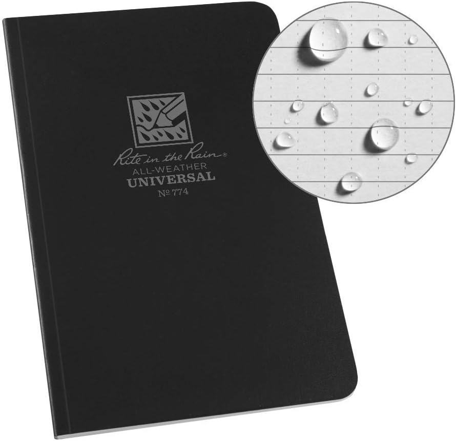 Rite in the Rain Memo Book, Side Bound Field Flex Cover, 4⅝" x 7¼" (64 Sheets) - Black, 7.25 x 4.625 x 0.375