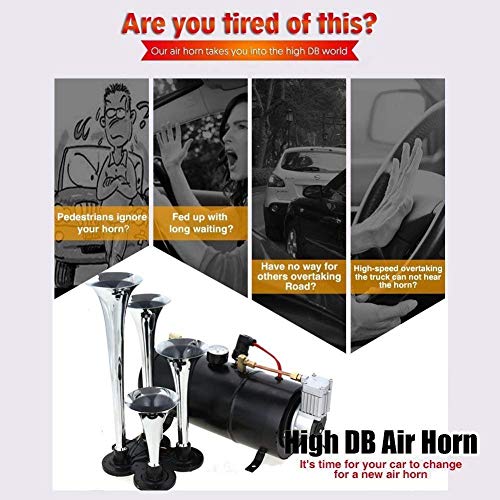 150DB Super Loud Train Horns kit for Trucks, 4 Air Horn Trumpet for Car Truck Train Van Boat, with 120 PSI 12V Compressor and Gauge (120 PSI 12V -Black)