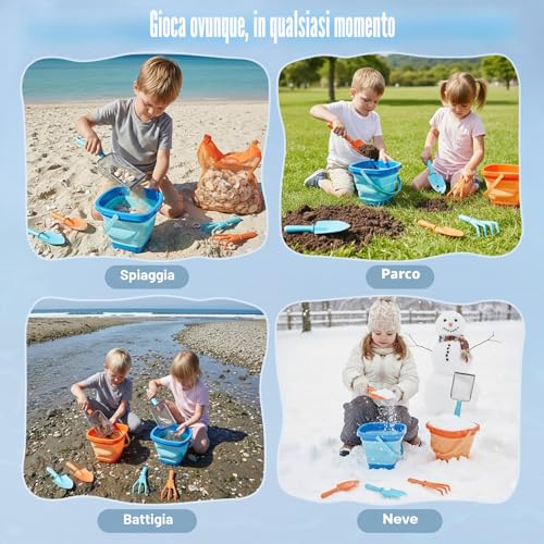 Dreamon Giochi Spiaggia Bambini Set 3 4 5 Anni con Secchiello Spiaggia Bambini Pieghevole Sacco a Rete Setaccio per La Sabbia Pala e Rastrello Giocattoli Regalo Esterno per Bambini e Bambine