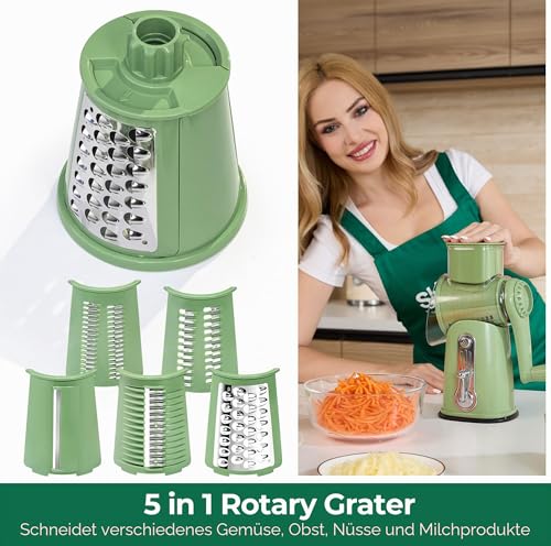 SUSTEAS Cheese Grater with Crank - Grater for Vegetables with 5 Drum Blades, Strong Suction Base, Vegetable Cutter, Ideal for Cheese, Cucumbers, Carrots, Nuts, Vegetables etc., with Blade Storage Box (Retro Green)