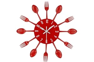 Timelike Kitchen Wall Clock, 3D Removable Modern Creative Cutlery Kitchen Spoon Fork Wall Clock Mirror Wall Decal Wall Sticker Room Home Decoration (Red)