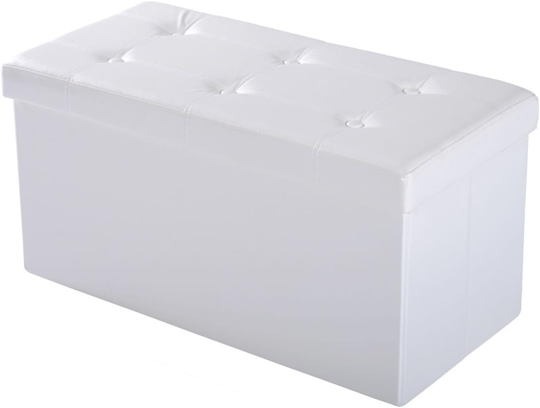 HOMCOM Folding Faux Leather Storage Cube Ottoman Bench Seat PU Rectangular Footrest Stool Box (Cream White)
