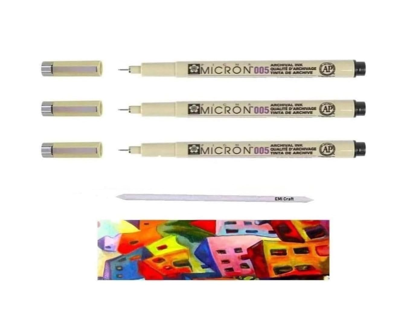 Sakura Pigma Micron 005 Black Set of 3 Pigment Pens with superfine tip and Stompe. Made in Japan