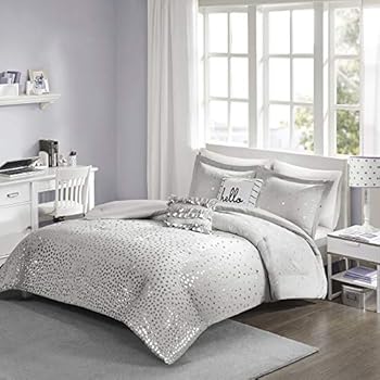 Intelligent Design Zoey Metallic Triangle Print Ultra Soft Hypoallergenic Microfiber Comforter Set Bedding, Full/Queen, Grey/Silver 5 Piece