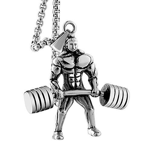 Aeici Gym Necklace for Mens Stainless Steel Weightlifting Workout Hercules Barbell Pendant with Chain