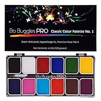 Bo Buggles Professional Face Paint Kit. Face Painting Palette No.1 Water-Activated Loved by Pro Painters for Vibrant Detailed Designs. 12x10 Gram Paints +2 Brushes. Safe Quality Makeup Paint Supplies