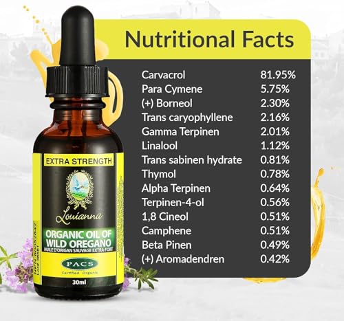 Organic Wild Oregano Oil, Pure Oil of Oregano Drops, with 80 Percent Carvacrol, for Oral or Topical Use, 30 mL