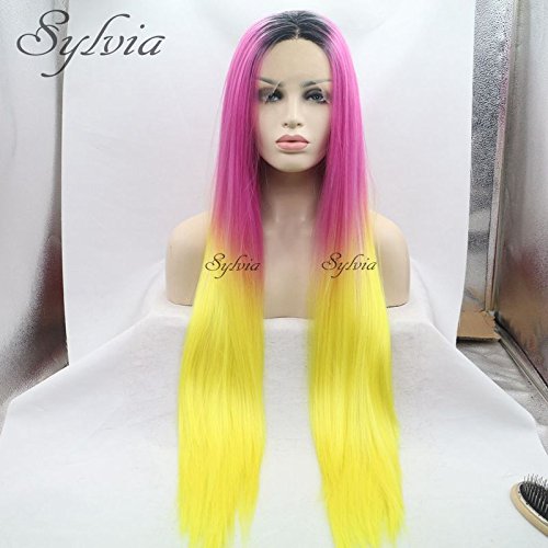 Xiweiya Multi-colored Wigs Ombre Hot Pink Ombre Yellow Lace Wig Long Silky Soft Straight Wig Synthetic Lace Front Wig Heat Resistant for Women Drag Queen Halloween Cosplay