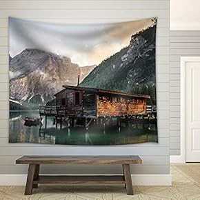Landscape with Mountain and Wood Hut and Reflection on Water - Fabric Wall Tapestry Home Decor - 51x60 inches