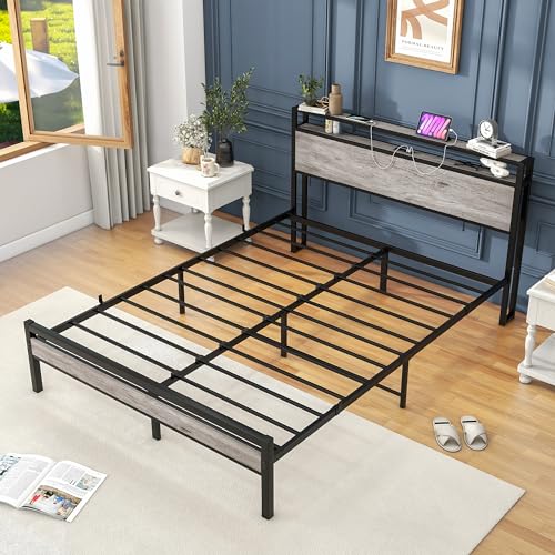 HOJINLINERO Queen Bed Frame with Storage Headboard/USB Charging Station,Metal Platform Bed Frame Queen Size Mattress Base No Box Spring Needed,Heavy Duty Metal Slats,Under Bed Storage,Noise-Free,Grey