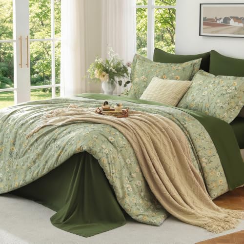 MUXHOMO King Comforter Set, 7-Piece Floral Bed in a Bag, Pine Green at Amazon