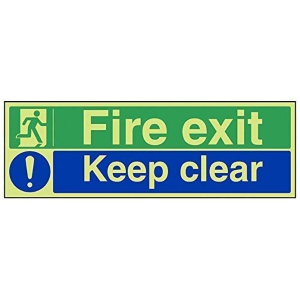 V Safety 14012BJ-G Glow In The Dark Fire Exit/Keep Clear Sign - 450mm x 150mm - Rigid Plastic, Blue, Green — image 1