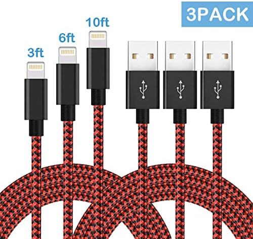 Lightning Cable 3Pack 3FT 6FT 10FT Nylon Braided Charging Cable USB iPhone Charger Cord for iPhone X/8/8Plus/7/7 Plus/6/6Plus/6s/6sPlus/5/5c/5s/SE/IPad/iPod/Min and More-Red