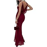 GORGLITTER Women's Mesh Draped Fishtail Dresses Sleeveless Bump Friendly Wedding Guest Party Graduation Bodycon Maxi Dress