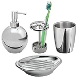 mDesign Bath Accessory Set, Soap Dispenser Pump, Toothbrush Holder, Tumbler, Soap Dish - 4 Pieces, Polished Stainless Steel (Office Product)