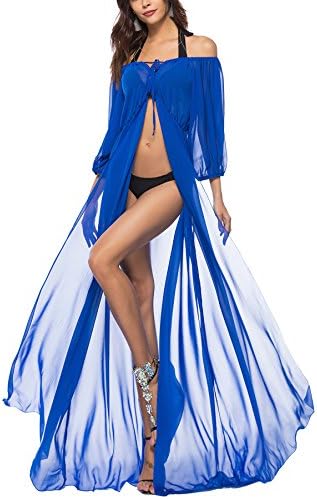 Women's Bikini Cover up Off Shoulder Maxi Mesh See-Through Swimsuit Wrap Beachwear (Blue, M (US 2-4))