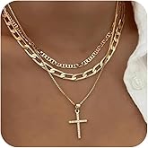Cross Necklace for Women,Stackable Stacked Stacking Layering Layered Necklaces Dainty Gold Necklace Paperclip Box Flat Mariner Chain Necklace Cross Pendant CZ Diamond Simple Jewelry Gift