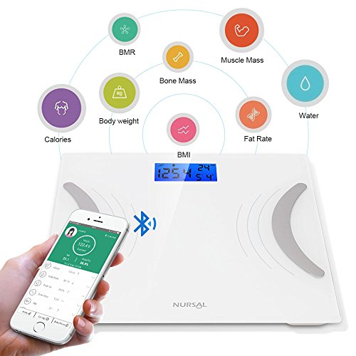 NURSAL Bluetooth Body Fat Scale, Digital Smart Scale for Body Weight, Fat Rate, Water Content, Muscle Mass, BMI, BMR, Bone Mass and Calories, Body Composition Analyzer with Smartphone App, White
