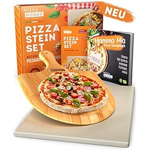Pizza Mondo® Pizzastein für Backofen, Grill & Gasgrill (inkl. Pizzaheber & Rezeptbuch) Original Steinofen Erlebnis dank…