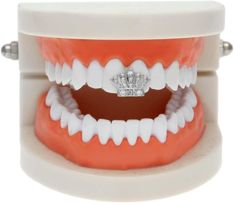 Hip Hop Iced Out Crown Single Tooth Grillz for Men's,Teeth Caps Top & Bottom Sparkling Zircon Tooth Grills,Vampire Fang Dental Mouth Braces Jewelry Gift