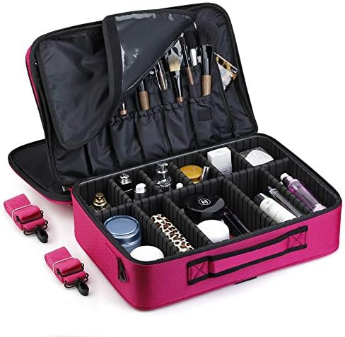 Makeup Bag - Professional Traveling Portable Cosmetic Storage Organizer With Straps and Double Layers Plum