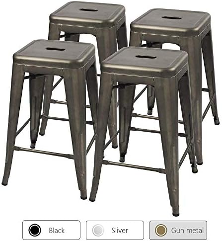 Barstools ，Tolix Style Metal Bar Stools 24'' Indoor Outdoor Stackable Barstools Modern Industrial Vintage Black Counter Bar Stools Set of 4 (Gun)