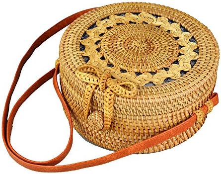 amololo 7.8" Handwoven Round Rattan Bag | Flower Weave Bali Straw Bag with Shoulder Strap and Bow Clasp
