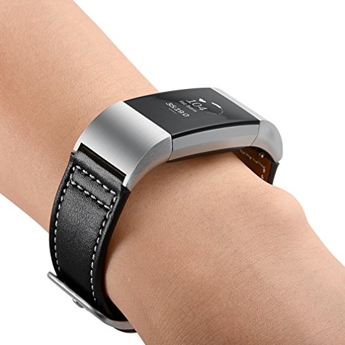 MoreToys Genuine Leather Adjustable Replacement Accessory Sport Watch Band Wrist Strap Bracelet for Fitbit Charge 2 Fitness Wristband (Black) - Thumbnail 6