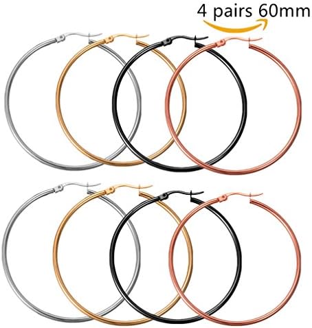 Calors Vitton 4 Pairs a Set Stainless Steel Large Hoop Earrings for Women 60mm Multicolor 16