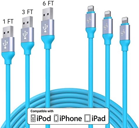 SyncTech Premium Tangle-Free 1FT 3FT 6FT Lightning Cable Durable High-Speed Syncing/Charging for iPhone 7/6s/6/5/5s/SE/Plus iPad Mini/Air/Pro (1.) Blue - 1FT - 3FT - 6FT)