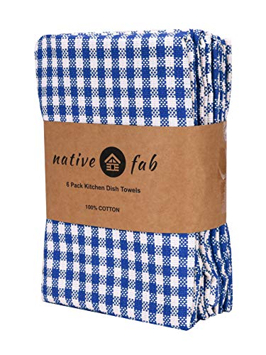Native Fab 6 Pack Gingham Farmhouse Kitchen Dish Towels Cotton Absorbent Durable Washable 15x25 - Tea Towels, Dish Cloths, Restaurant Cleaning Towels, Kitchen Towels with Hanging Loop, Blue White