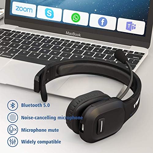 Bluetooth ear headset with time display, mute button, and microphone.