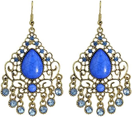 Feelontop@ Costume Jewelry Ethnic Style Antique Gold Color Alloy Green Imitation Gemstone Big Long Dangle Earrings with Jewelry Pouch (Blue)