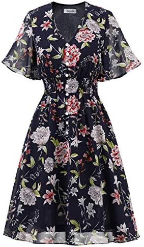 Aupuls Women's Casual Summer V Neck Floral Print Flared Dress Chiffon Boho Dress