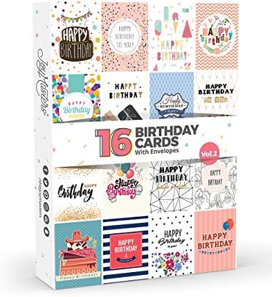 16 x Birthday Cards by Joy MastersTM Vol.2 | Multipack with ENVELOPES | Large Set for Men &amp; Woman