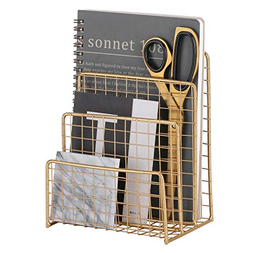 Kleanner 3 Slot Letter Holder, Metal Multifunctional File Holder for Mails, Brochures and Postcards, Desktop Office Organizer Decoration, Gold