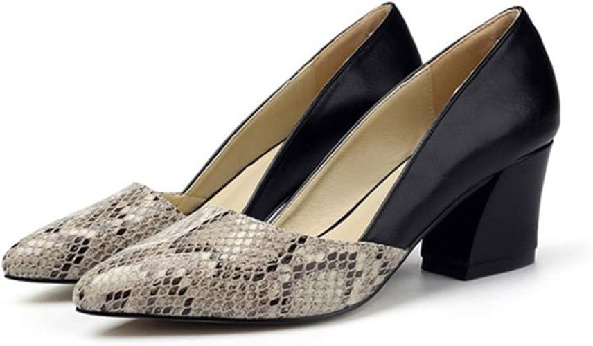 Amazon Aybto パンプス 痛くない 低めヒール ローヒール 低ヒール 6センチヒール 切り替え 配色 バイカラー ヘビ柄 パイソン レディース 太ヒール パンプス 黒 ポインテッドトゥ ローヒールパンプス フォーマル 通勤 靴 Aybto パンプス