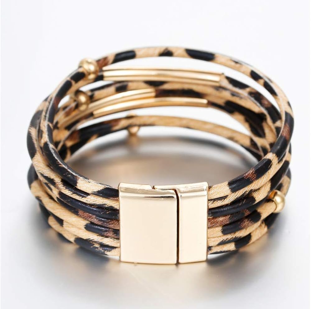 Fesciory Leather Wrap Bracelet for Women, Leopard Multi-Layer Magnetic Buckle Cuff Bracelet Jewelry: Clothing