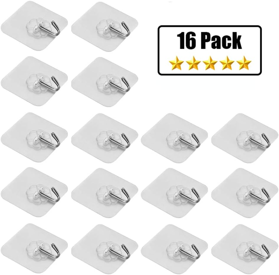 16 Pack Reusable Adhesive Hooks for Holiday Decoration | Transparent Adhesive Wall Hooks Nail Free Heavy Duty Hooks for Kitchen Bathroom Door Ceiling Hanger Kitchen Office Closet 18 Pound/8 KG