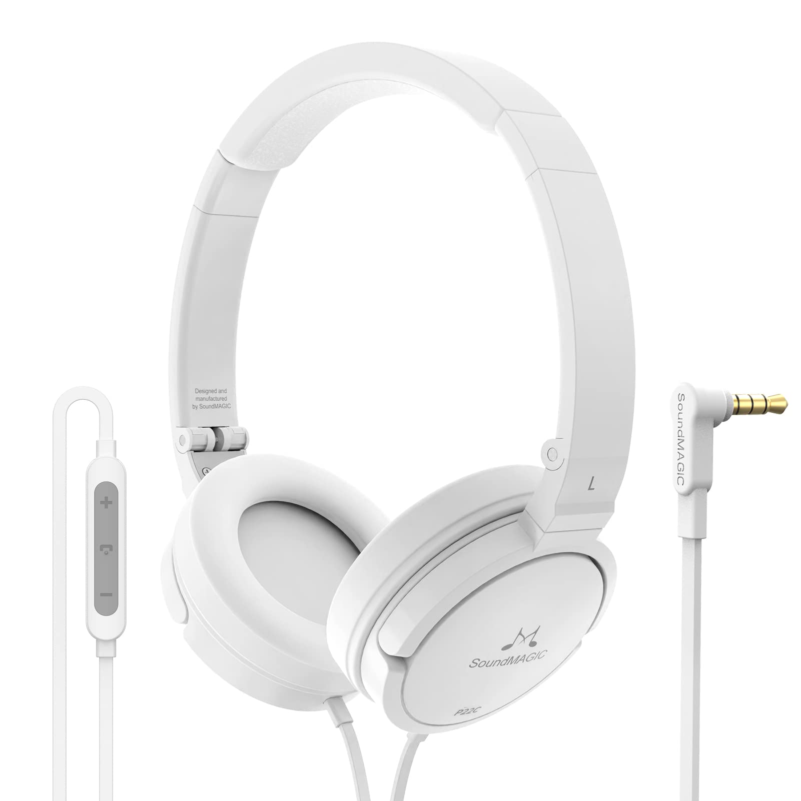 Soundmagic P22C Wired On Ear Headphones with Microphone HiFi Stereo Portable Headset Lightweight and Foldable Comfortable Fit Noise Isolating White