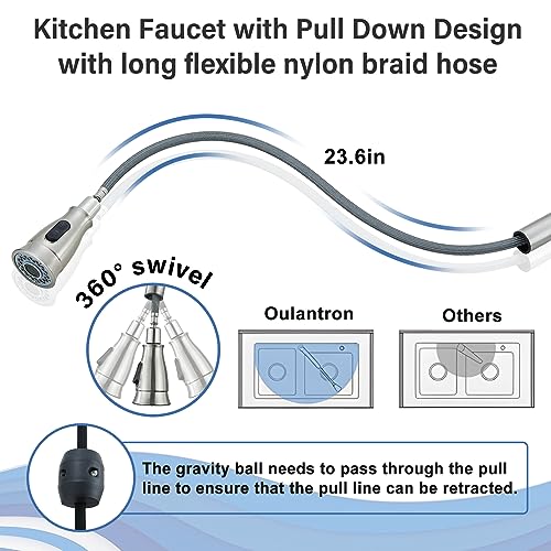 Oulantron 3 Hole Kitchen Faucet with Pull Down Sprayer Kitchen Faucet with Soap Dispenser, High Arc Pull Out Kitchen Sink Faucet Brushed Nickel Commercial Kitchen Faucets
