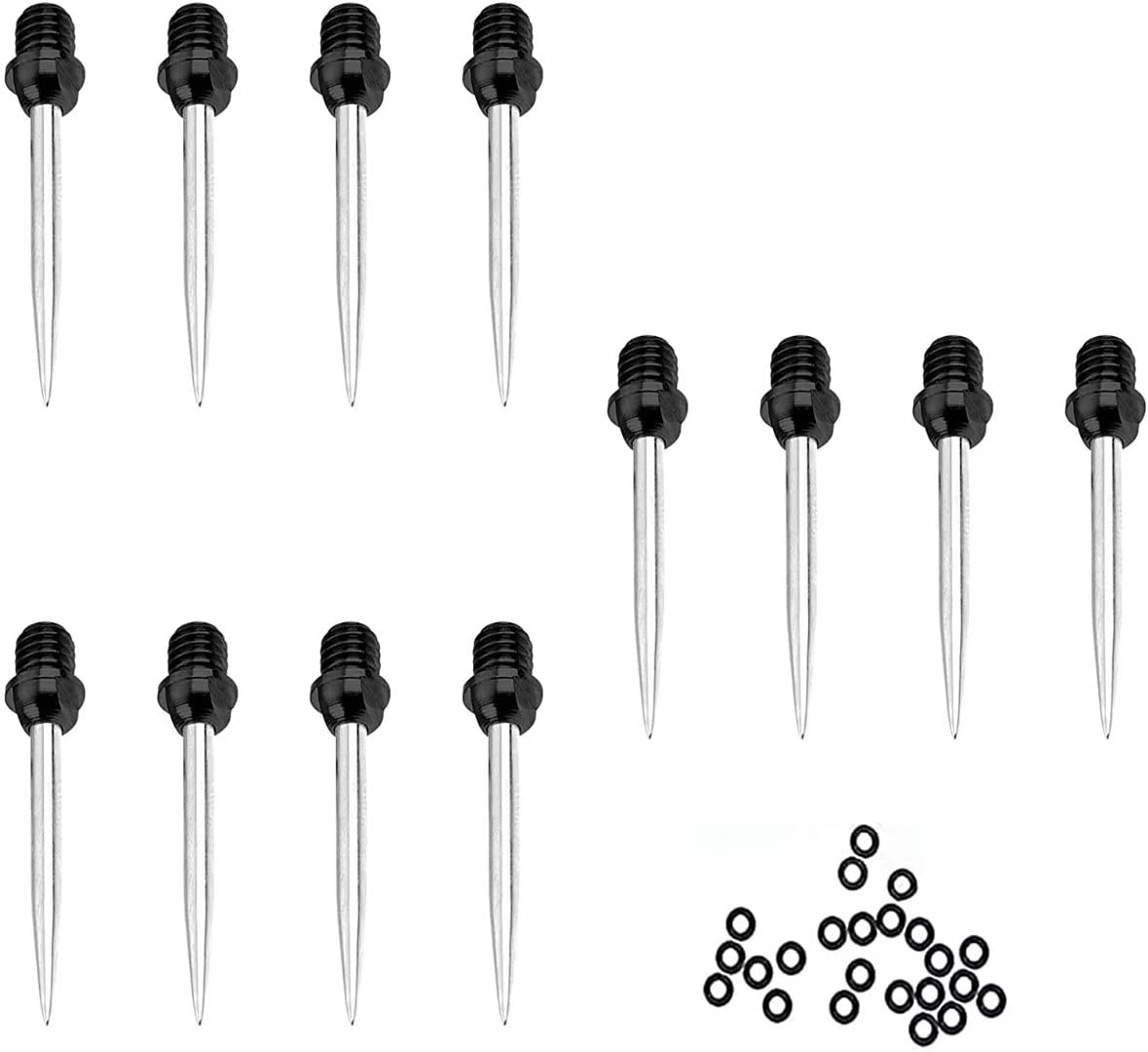 HERZWILD Steel Dart Tips 12pcs + 20pcs Rubber O Rings,Converter Points Adapter Replacement Points Tool(black button silver tip)