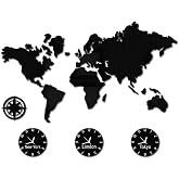 Large World Map Wall Clock with City Time Zone for Office (Normal Design) | Battery Operated | Silent Non Ticking | Geographic Wall Art Decor