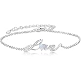 MOTIEL 925 Sterling Silver Opal Bracelet Opal with Genuine Diamonds Dainty LOVE Letter Heart Bracelet Anniversary Birthday Gift for Women Her