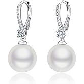 Lipernulo Freshwater Pearl Hoop Earrings, 8-10mm 925 Sterling Silver Cultured Pearls Drop Dangle Earrings with Cubic Zirconia, Wedding Anniversary Jewelry Gifts for Women
