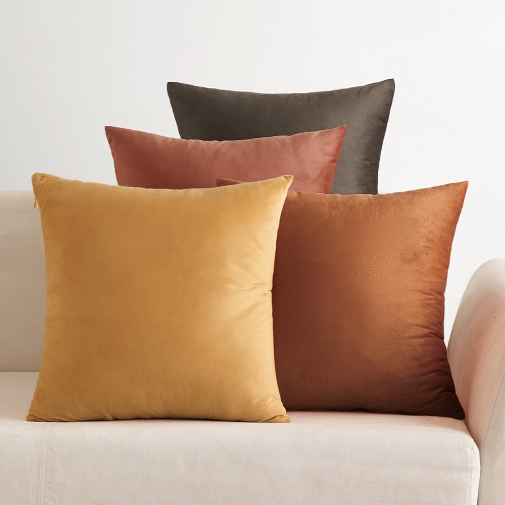 EMEMA Velvet Cushion Covers Pack of 4 Decorative Square Cushion Covers for Sofa Bedroom Home 40 x 40 cm Earth Yellow Series