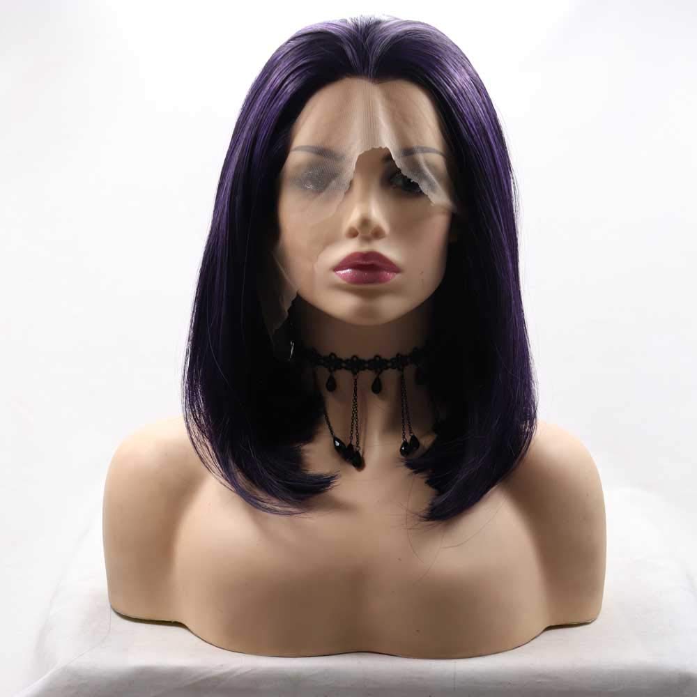 Xiweiya Widow's Peak Wig - Black/Purple Mixed Color Short Straight Bob Synthetic Lace Front Bob Wig For Women - Heat Resistant Fiber - 14"