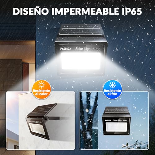 FASENZA Lámpara Solar Exterior: 2000 Lúmenes, 6500K, Batería 4400mAh, Carga 6h Iluminación 12h, 4 Modos de Luz, IP65 Impermeable para Jardín, Patio, Garaje, Granero, 2 Años de Garantía, 2 Paquetes
