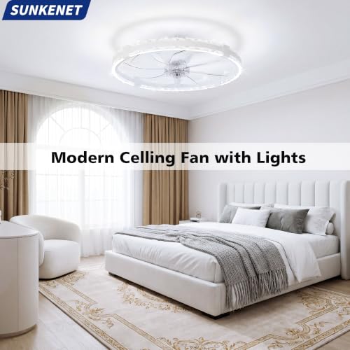 SUNKENET Ceiling Fans with Lights and Remote, 60cm LED Fan Ceiling Light, 3000K-6500K Dimmable Smart Ceiling Fan Light, 6 Wind Speeds & Reversible, White Queit Fan Light Ceiling for Bedroom