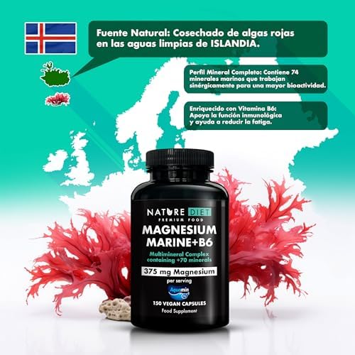 Magnesium Marine + B6-375 mg de Magnesio por porción - 150 Cápsulas Veganas - Complejo Multimineral con Aquamin - Apoya la Salud Ósea, Muscular y Cardiovascular